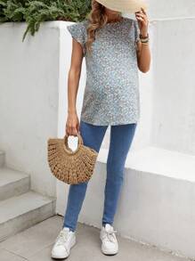 SHEIN Maternity Floral Print Ruffle Hem Blouse - Green - View 3