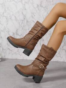 Của phụ nữ Giữa bắp chân Giày ống - Nâu Da giả , Vàng Trụ Chi tiết , Dày Gót chân , Dày Đế , Chóp giầy tròn , Dây kéo bên - màu nâu - Xem 6