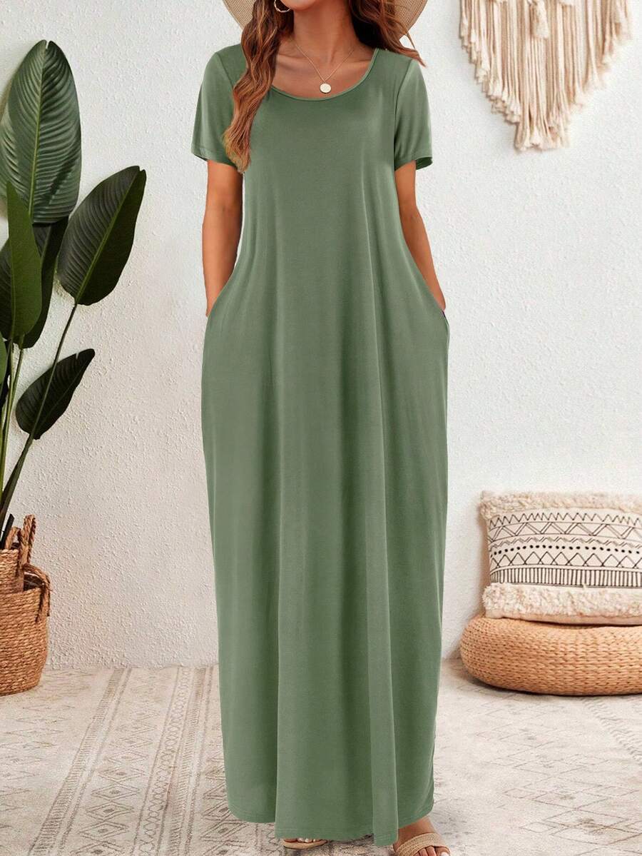 Solid Hidden Pocket Maxi Tee Dress - Army Green - View 1
