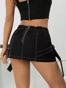 SHEIN ICON Y2k夏季綁帶交叉腰身體裙,低腰黑色迷你裙 - 黑色 - 查看 3