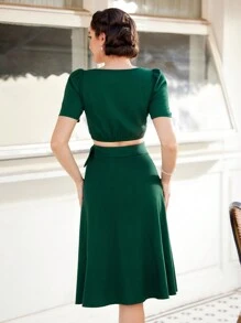 Vintamour Crop Top & Puff Short Sleeve Square Neck Top And Skirt Set