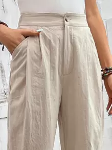 SHEIN LUNE Của phụ nữ Xếp li Túi 9/10 Chiều dài Quần , Mùa hè - Màu be - Xem 5