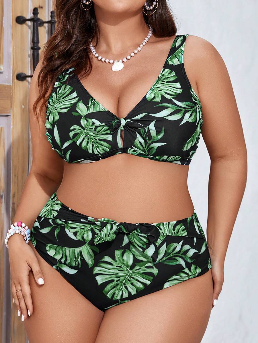 SHEIN Swim Curve 夏季海滩大码女式热带植物印花比基尼套装 - 綠色 - 查看 1