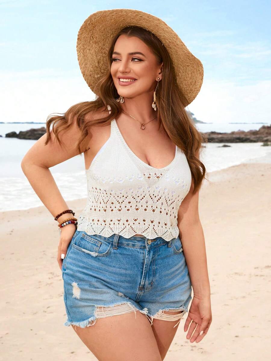 SHEIN VCAY Plus Size Vacation Spaghetti Strap Knitted Top For Summer Beach - White - View 1