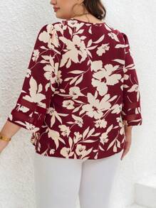 SHEIN Clasi Kích thước lớn In hoa Cổ chữ V Áo sơ mi - Màu Đỏ Sâu - Xem 2