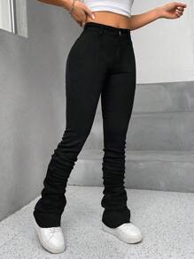 SHEIN PETITE Solid Slant Pocket Stacked Jeans - Black - View 4