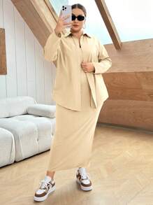 SHEIN Essnce 大尺碼女士純色長袖襯衫和a字裙套裝 - 杏色 - 查看 3