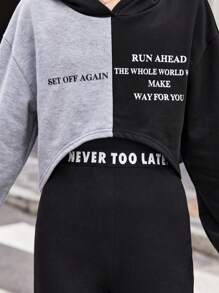 SHEIN 将女孩的颜色分块标语印花连帽短衣配实色背心和颜色分块长裤,3件套 - 黑色 - 查看 3