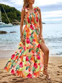 SHEIN VCAY Women' Tropical Print Halter Vacation Strap Dress - Multicolor - View 5