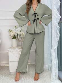 Contrast Color Tie Front Pajama Set With Ruffle Trim Detail
