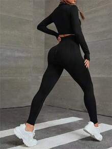 女士純色運動連帽兩件套裝,帶拇指孔 - 黑色 - 查看 2