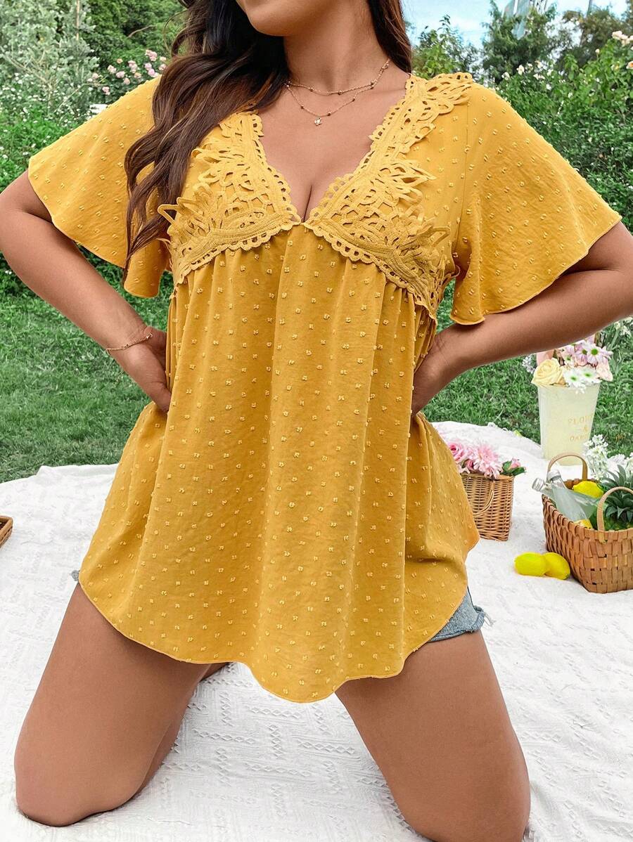 Flirla Plus Size Women'S Lace Patchwork Butterfly Sleeve Blouse - Yellow - View 1
