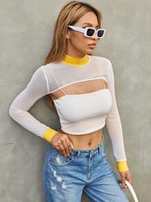 SHEIN EZwear Ladies' Sheer Mesh Contrast Yellow Top With Sleeve And Neckline Detail - Multicolor - View 1