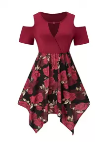 Celure 大碼花卉印花拼接露肩空心連衣裙 - 彩色 - 查看 1