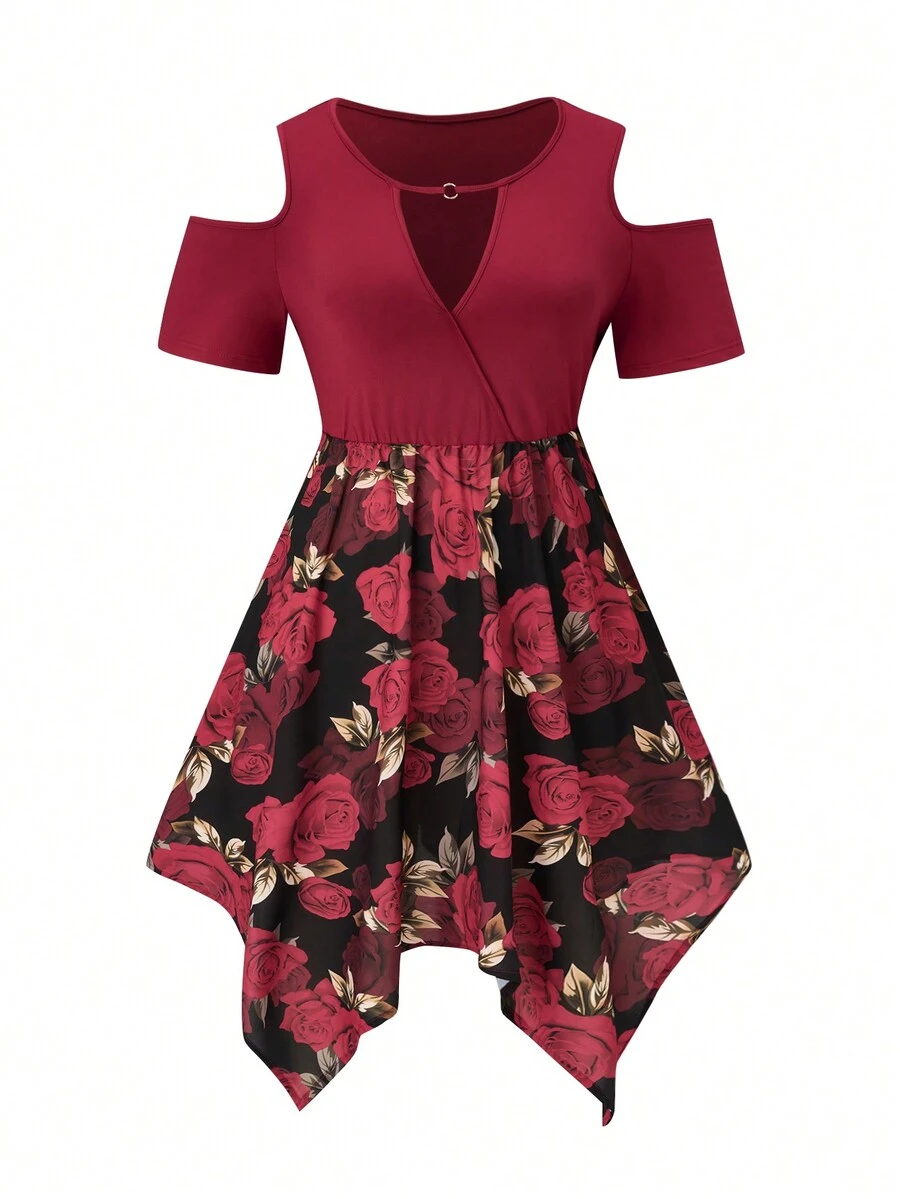 Celure 大碼花卉印花拼接露肩空心連衣裙 - 彩色 - 查看 1