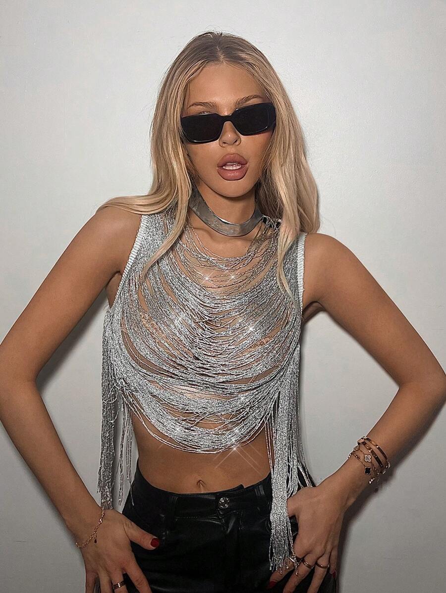 SHEIN ICON Women's Fringed Decoration Cropped Tank Top - Silver - View 1