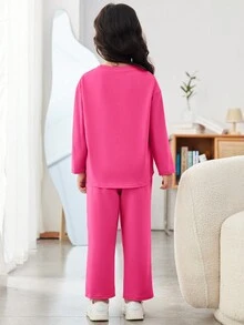 少女編織裝飾圓領長袖t恤和褲子套裝 - 玫紅色 - 查看 2
