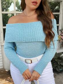 Flirla Plus Size Solid Color Off Shoulder Sweater Knit Pullover Fall Winter - Blue - View 4