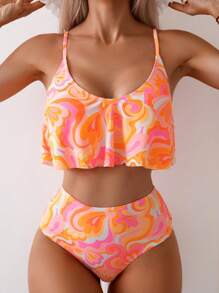 SHEIN Swim Bộ bikini kiểu áo vest in hình chất lỏng đi biển mùa hè Carnival - Nhiều màu - Xem 3