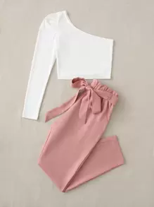 SHEIN LUNE One Shoulder Top & Paperbag Waist Belted Pants Set - Multicolor - View 5