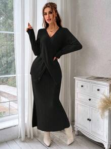 SHEIN Privé 女用羅紋前交叉長袖t卹+魚尾裙2件/套 - 黑色 - 查看 1