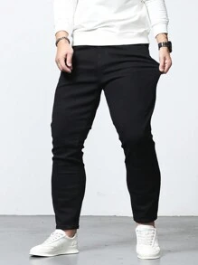 Manfinity Homme Men's Plus Size Solid Color Jeans, Plain Slim Fit Long Plain Black Dark Jeans Washed Cargo Jeans, For Husband, Boyfriend Gifts Going Out Hang Out Commute Work Vacation - Black - View 5