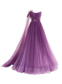 SHEIN Belle 厚重款式女士晚礼服，船形领口，渐变色，装饰性皮草和蝴蝶结，单肩，垂褶袖子，长拖尾 - 紫色 - 查看 1