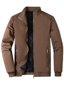 Manfinity Homme 大码男式立领保暖内衬大衣 - 棕色 - 查看 1