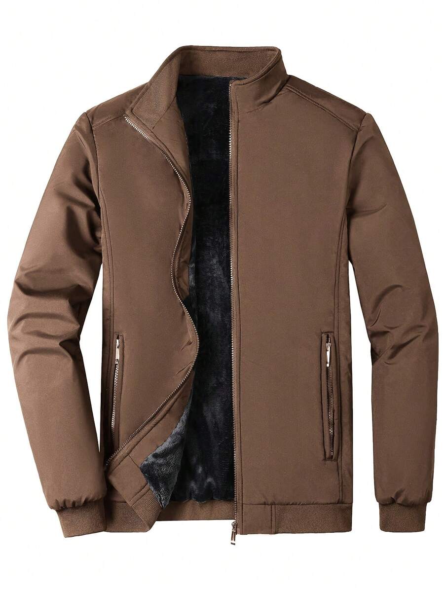 Manfinity Homme 大码男式立领保暖内衬大衣 - 棕色 - 查看 1