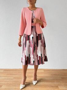 SHEIN Lady Women's Open Front Coat And Sleeveless Full Printed Dress 2pcs/Set