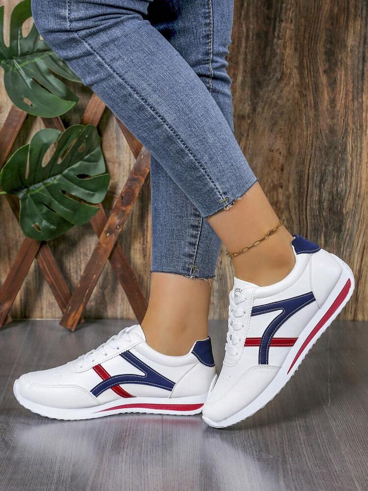 Fall/Winter Women's Lightweight Round Toe Lace-Up Flat Sneakers, Casual Daily Shoes For Students, White - Blue - View 2
