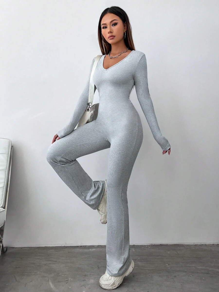 SHEIN Unity Deep V-Neck Long Sleeve Flared Jumpsuit - Light Grey - View 1