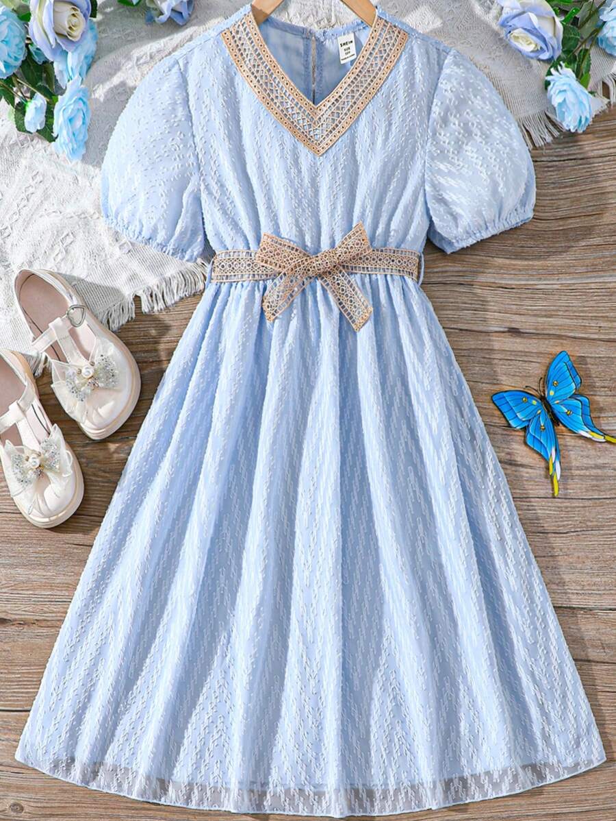 青少女甜美蕾絲v領,網細節洋裝