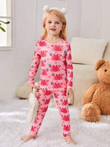 女嬰貼身圓領粉紅色螃蟹圖案家居服 - 粉色 - 查看 1