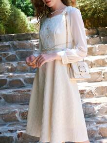 色塊長袖a字裙 - 杏色 - 查看 6