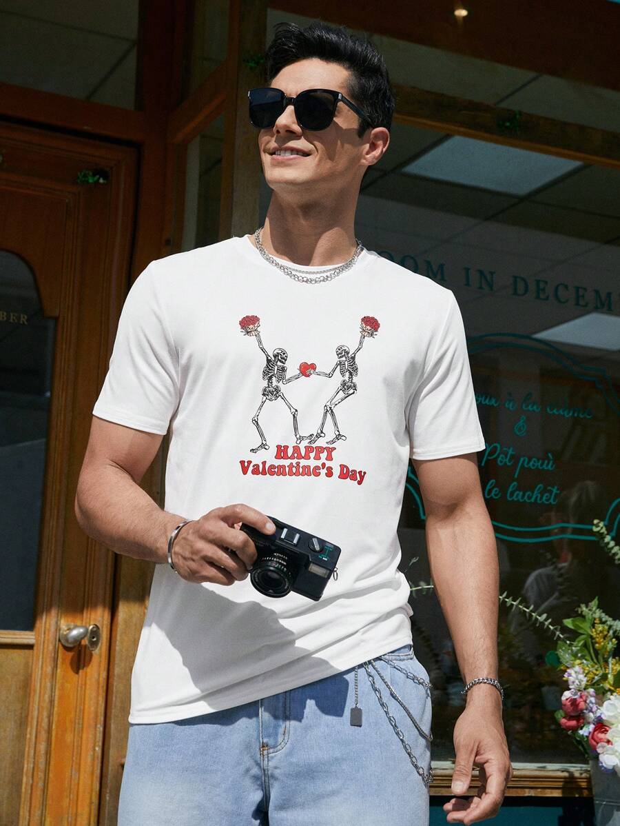 Manfinity Homme 骷髏和字母印花短袖休閒t恤 - 白色 - 查看 1