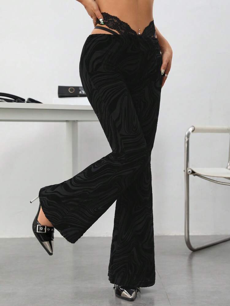 Plush Fabric Flare Pants With Water Ripple Lace Patchwork, High-Waisted And Hollow Out Design