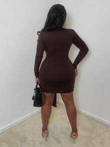 Slaydiva Women's Medium Front Deep V Brown Dress - Brown - View 2