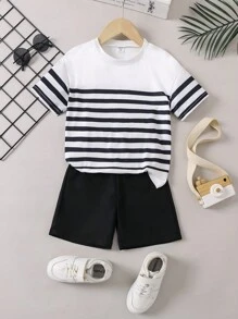 SHEIN 男童拼色条纹T恤和纯色短裤两件套 - 黑色 - 查看 1