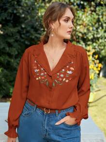 SHEIN Frenchy Plus Size Floral Embroidery Long Sleeve Shirt Fall - Rust Brown - View 2