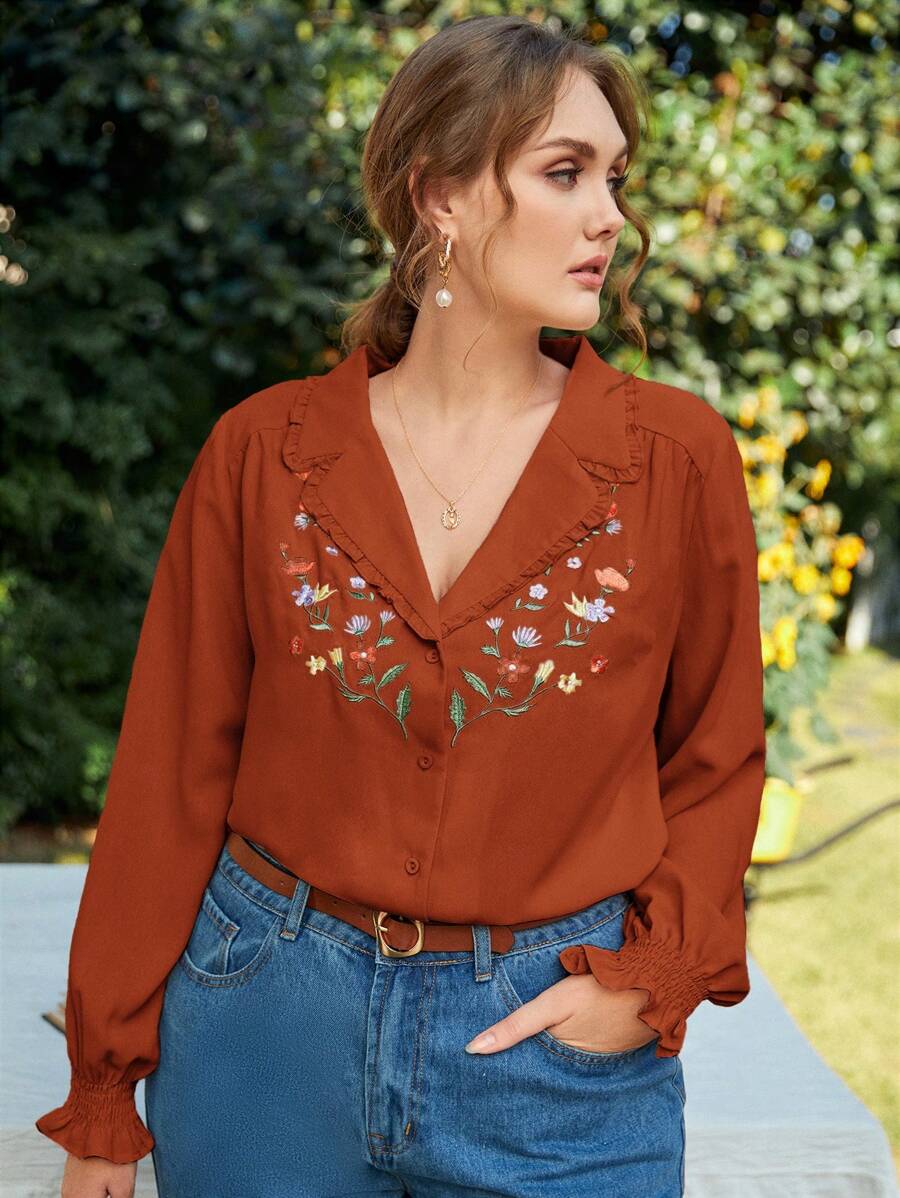 SHEIN Frenchy Plus Size Floral Embroidery Long Sleeve Shirt Fall