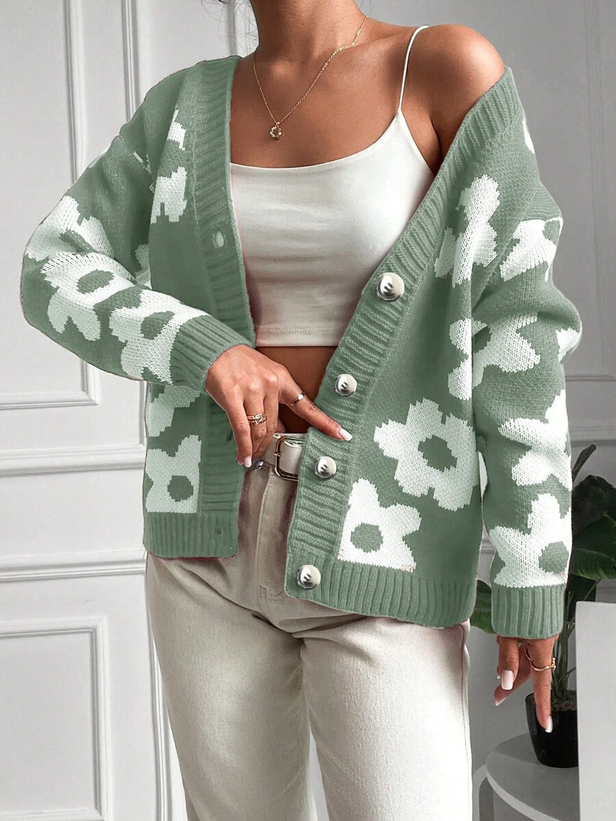 EURMUSE Women's Cardigan With Floral Pattern - Mint Green - View 1