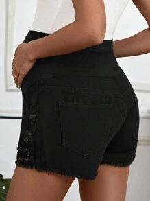 SHEIN Maternity Adjustable Waist Ripped Denim Shorts
