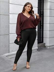 SHEIN Frenchy Plus Size Women'S Shiny Ruffle Sleeve Shirt - Red - View 3