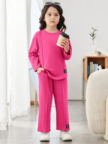 少女編織裝飾圓領長袖t恤和褲子套裝 - 玫紅色 - 查看 5
