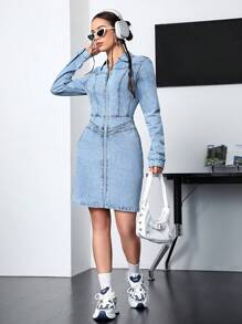SHEIN EZwear Ladies' Zip Front Denim Dress - Medium Wash - View 4