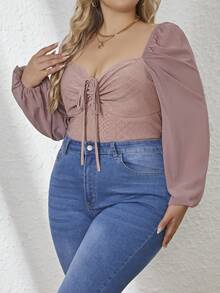 SHEIN Frenchy 大尺碼女裝荷花袖t恤,前褶細節 - 藕粉色 - 查看 5