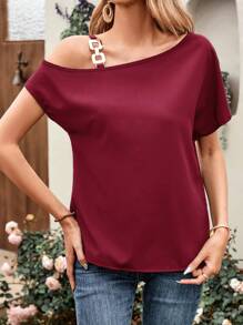 SHEIN LUNE 女士不對稱領口短袖襯衫 - 酒紅色 - 查看 3