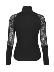 Lace Spliced High Neck Long Sleeve T-Shirt - Black - View 2