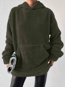 EURMUSE Kangaroo Pocket Teddy Hoodie - Dark Green - View 1